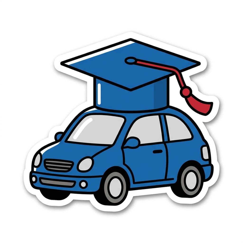 Ilustrasi mobil biru dengan topi wisuda besar di atasnya untuk merayakan kelulusan kursus